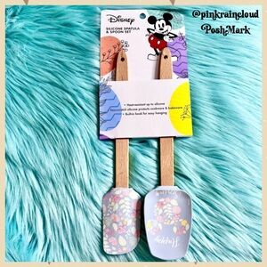 Disney Mickey Floral Silicone Spatula & Spoon Set Wooden Handles